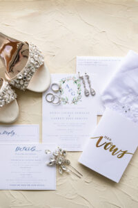 White and Blue Elegant Wedding Invitation with Greenery Detail | Rhinestone Open Toed Sandal Wedding Shoes | Badgley Mischka