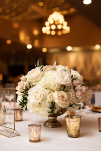 White and Blush Rose Floral Centerpieces in Gold Vase | Elegant Sarasota Wedding Reception Decor