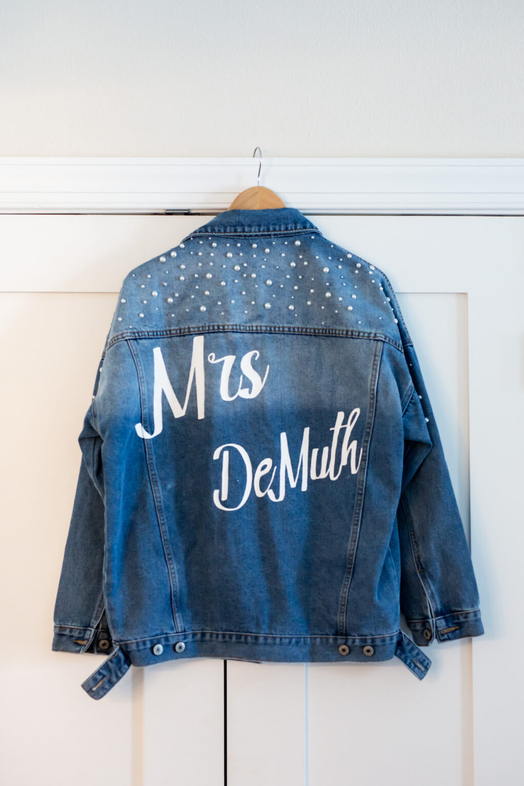 Mrs. Wedding Jean Jacket with Pearl Detail and White Lettering