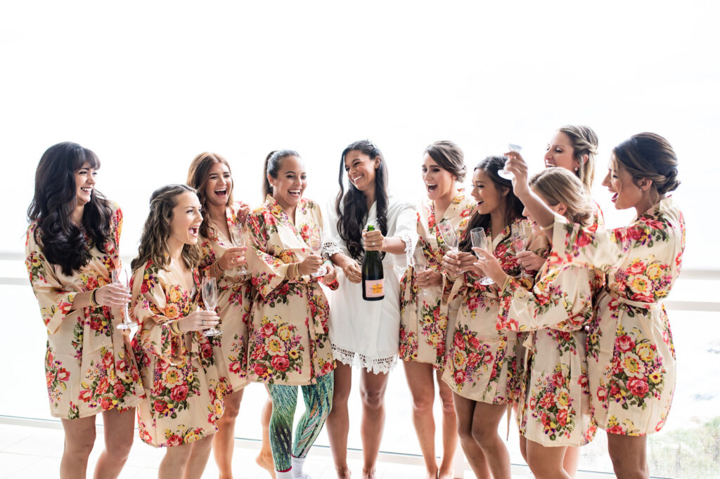 Bride and Bridesmaids Getting Ready in Floral Silk Robes Portrait | South Florida Wedding The Resort at Longboat Key Club