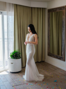 Tampa Bay Bride Wearing Ines Di Santo Wedding Dress, Sexy Low Cut Sheer Fitted Designer Gown Portrait