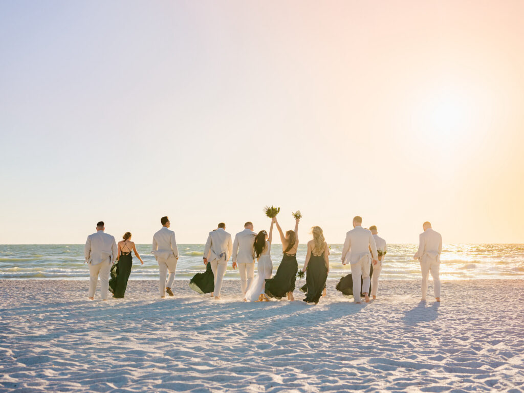 Florida Wedding Party Walking Off Into The Sunset, Barefoot Bridal Party in the Sand