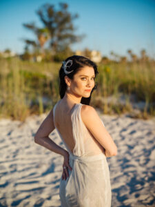 Florida Beach Bride Wearing Elegant Ines Di Santo Wedding Dress with Open Back, Light Sheer Fabric | Outdoor Florida Bridal Wedding Beach Portrait