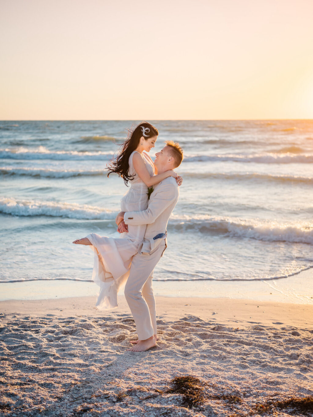 Romantic Florida Bride and Groom Just married at Sunset | Wearing Ines Di Santo Wedding Dress