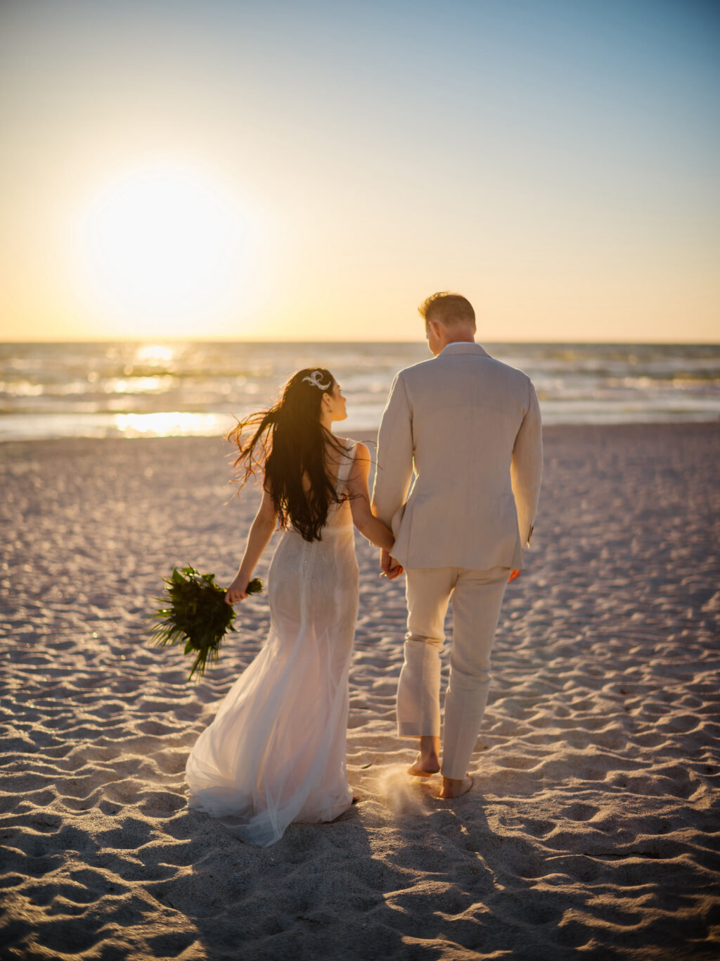 Romantic Florida Bride and Groom Just married at Sunset | Wearing Ines Di Santo Wedding Dress