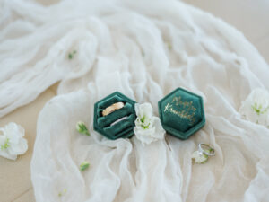 Florida Wedding and Engagement Ring Box, Diamond Ring and Brushed Gold Metal Band in Dark Green Velvet The Lux Box with Custom Name in Gold Foil