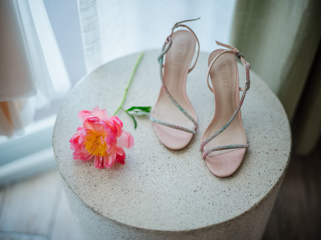 Neutral Inspired SCHUTZ Bridal Shoes, Pale Pink Iridescent Open Toe Strap Heels