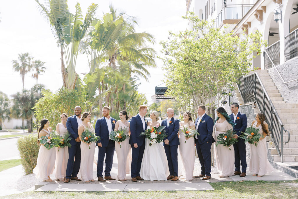 Tropical Pink and Green Wedding, Bride, Groom, Groomsmen and Bridesmaids Wedding Party | St. Pete Waterfront Wedding Venue Hotel Zamora