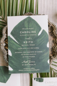 Tropical Pink and Green Monstera Leaf Painted Wedding Invitation Suite