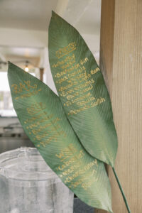 Tropical St. Pete Pink and Green Wedding Reception Decor, Large Palm Leaves Bar Drink Menu | Tampa Bay Wedding Planner Coastal Coordinating