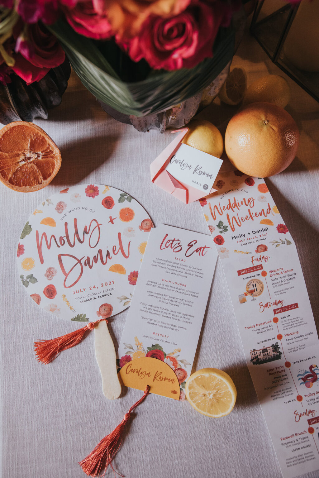 White Wedding Food Menu, Wedding Detailed Itinerary and Fan with Citrus Fruit Detail