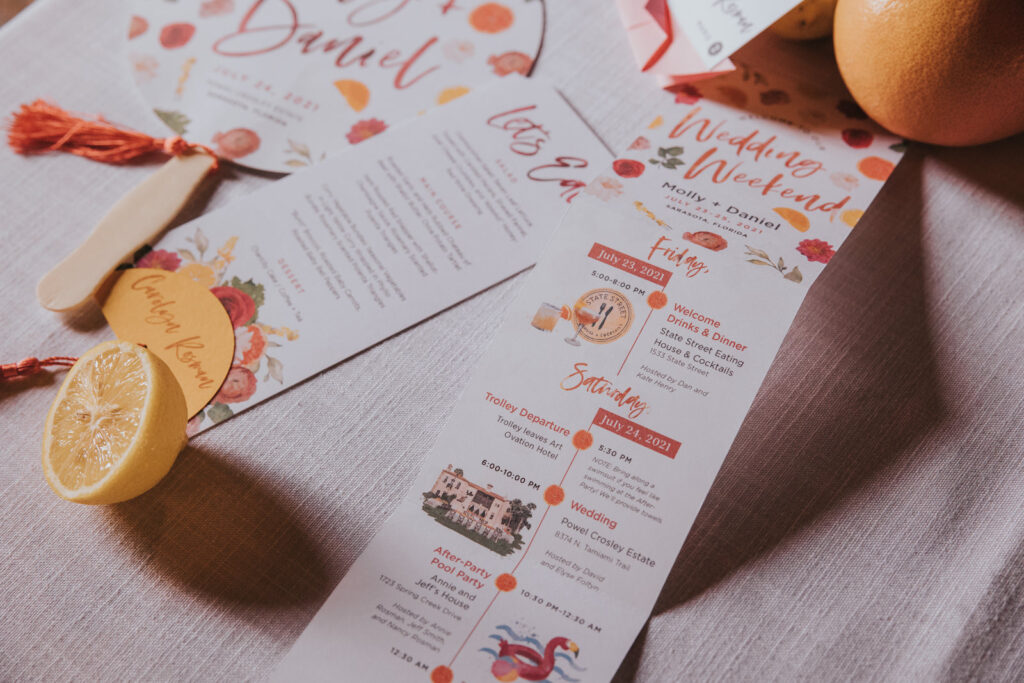 White Wedding Food Menu, Wedding Detailed Itinerary and Fan with Citrus Fruit Detail