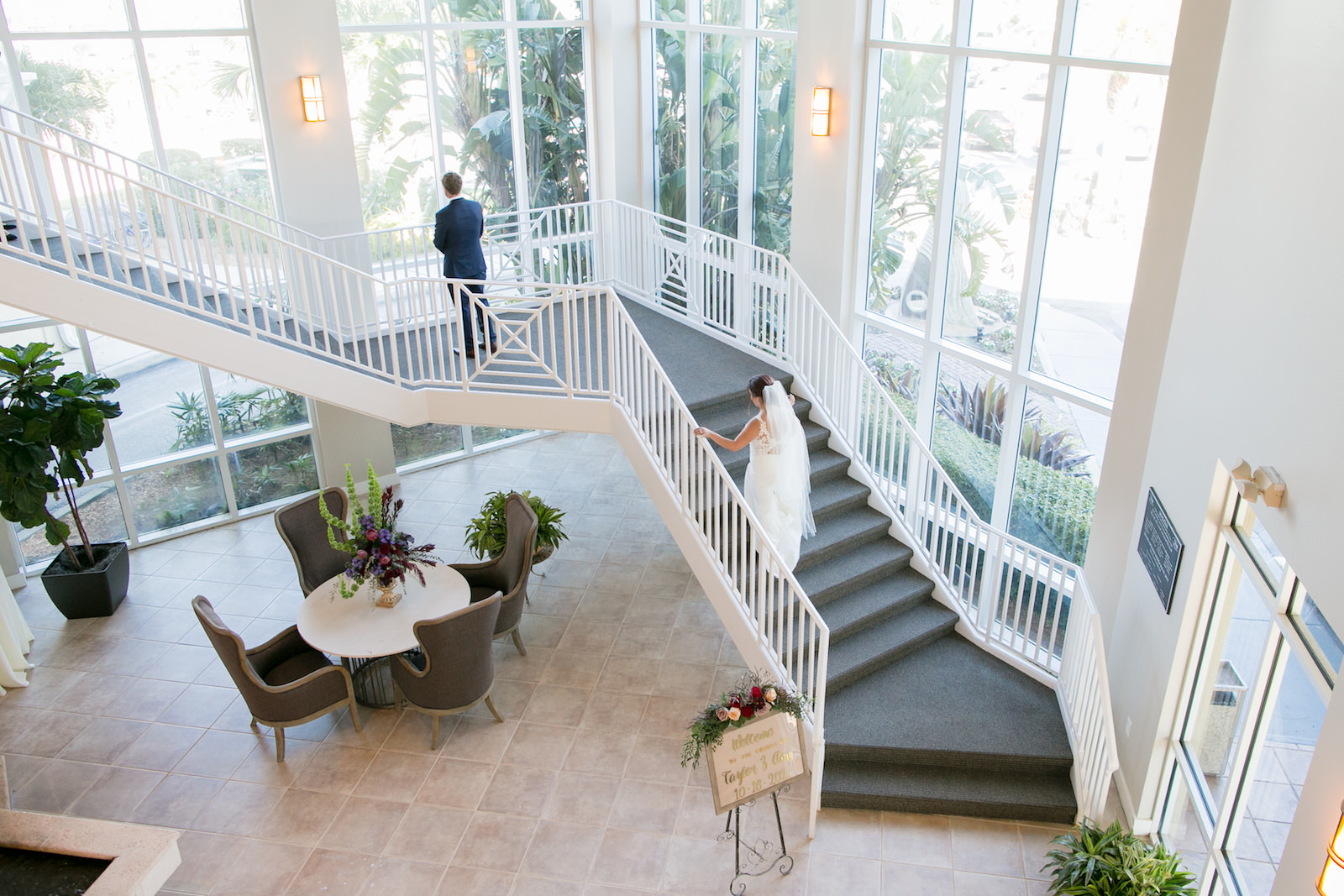 Dusty Rose and Mauve Wedding, Bride and Groom First Look on Staircase | Tampa Bay Wedding Photographer Carrie Wildes Photography