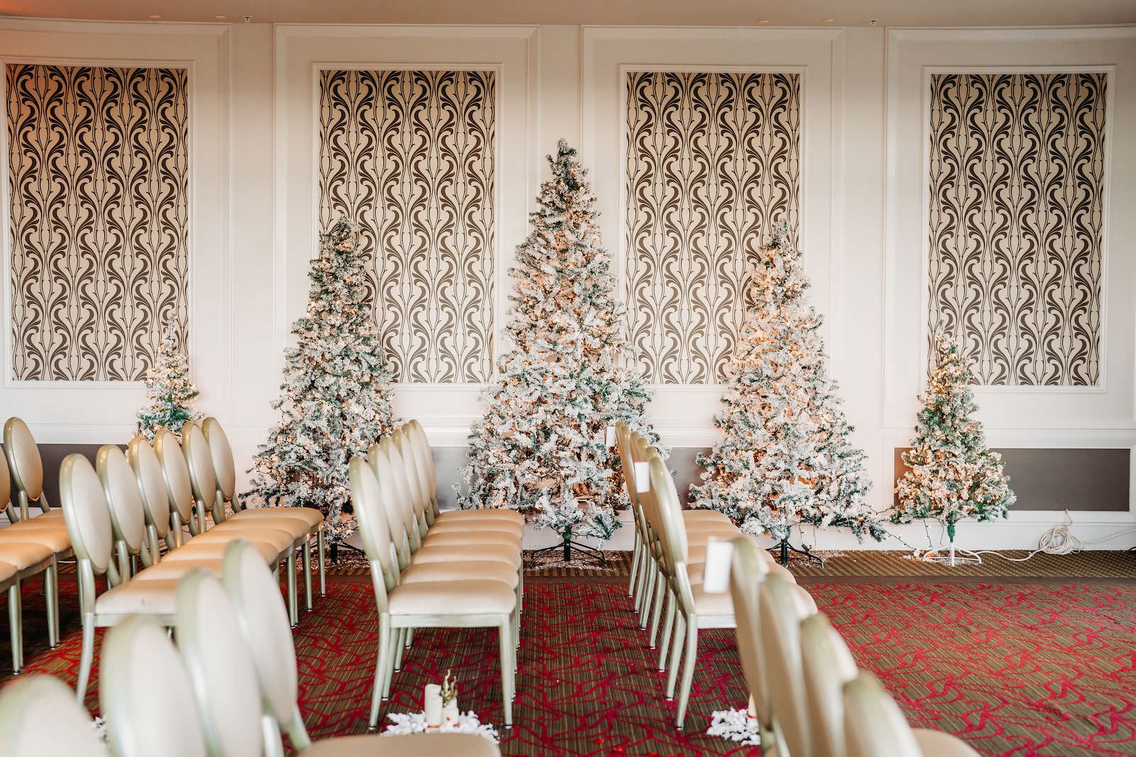 Christmas Wedding Decor, Flocked White Christmas Trees | St. Pete Wedding Venue The Birchwood