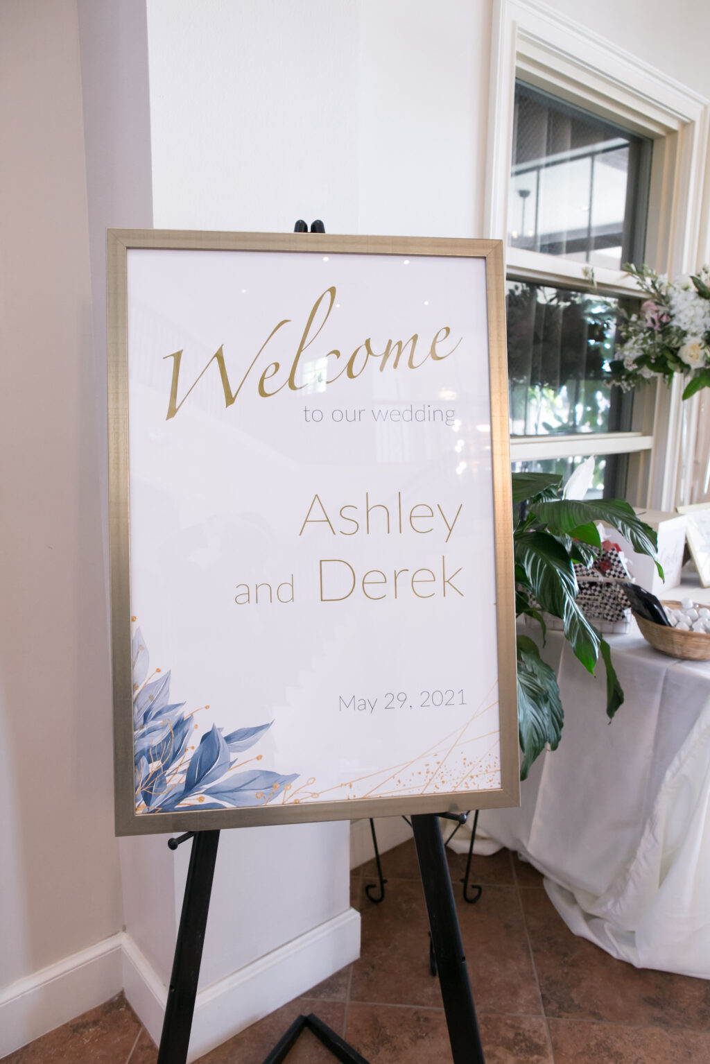 Welcome Sign in Gold Frame with Blue Floral Detail