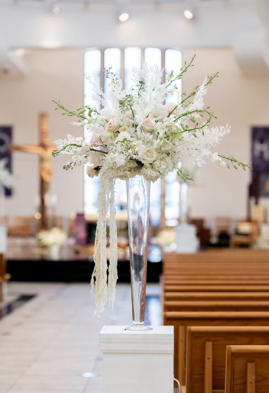 Classic Wedding Ceremony Decor, Tall Glass Cylinder Vase with White Flowers and Hanging Amaranthus | Tampa Bay Wedding Planner Elegant Affairs by Design
