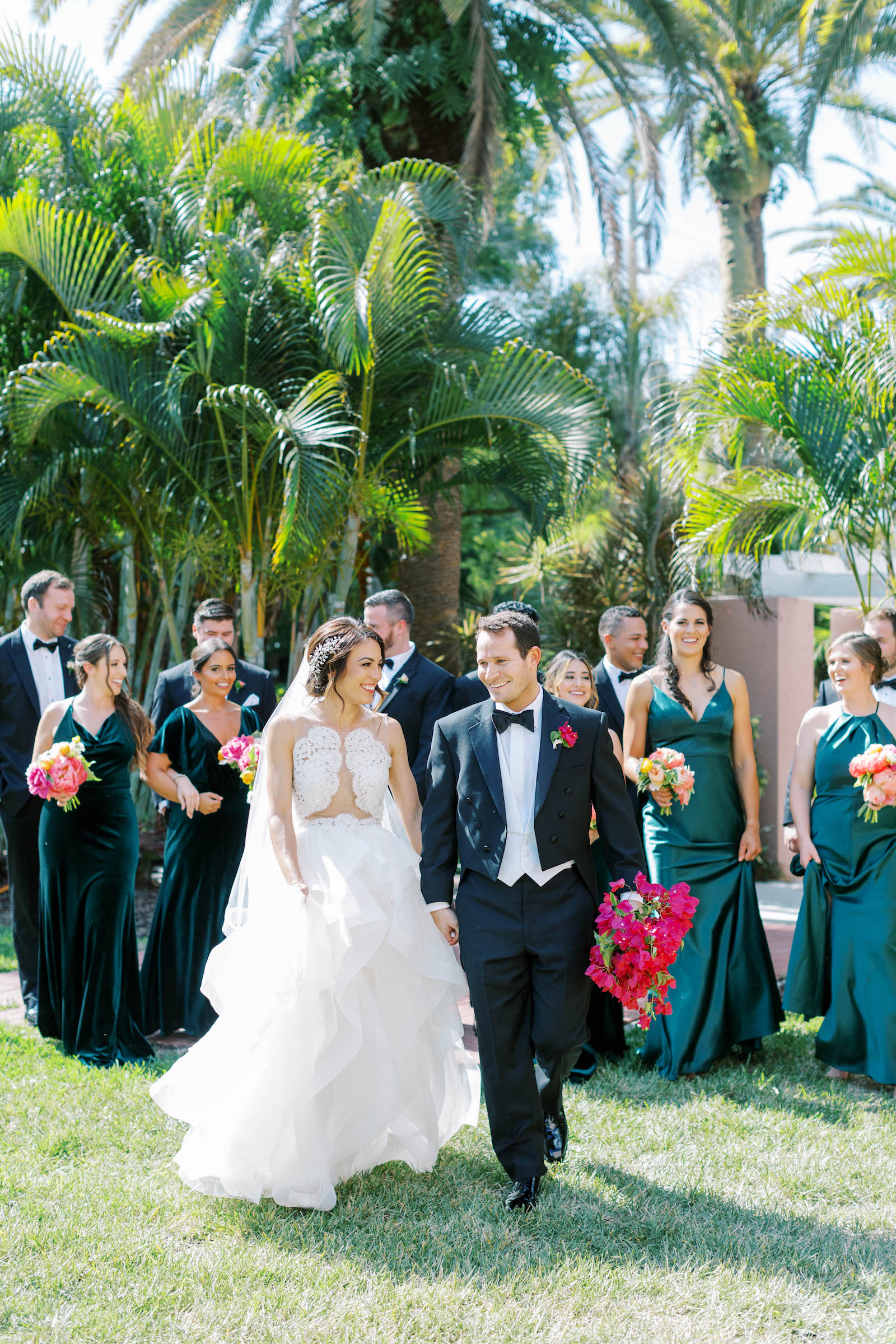 Bride and Groom with Green Bridesmaids Dresses and Groomsmen in Tuxedos Bridal Party Wedding Portrait