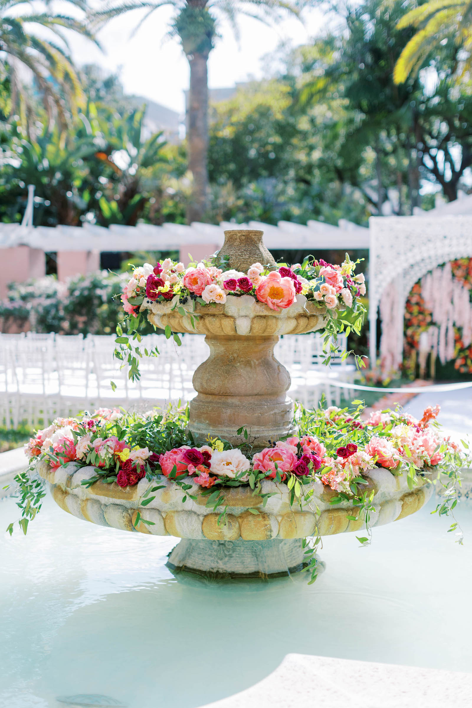 Fountain with Floral Décor in Pink and Orange with Greenery at the Vinoy Renaissance St. Petersburg