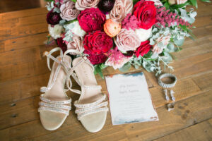 Dusty Rose and Mauve Wedding, Red, Blush Pink and White Roses, Dark Purple Roses, Greenery, Floral Bouquet, Bridal Jewellery Accessories, Watercolor and Gold Foil Wedding Invitation, Nude and Rhinestone Strappy Wedding Heel Shoes | Tampa Bay Wedding Photographer Carrie Wildes Photography | Wedding Florist Iza’s Flowers
