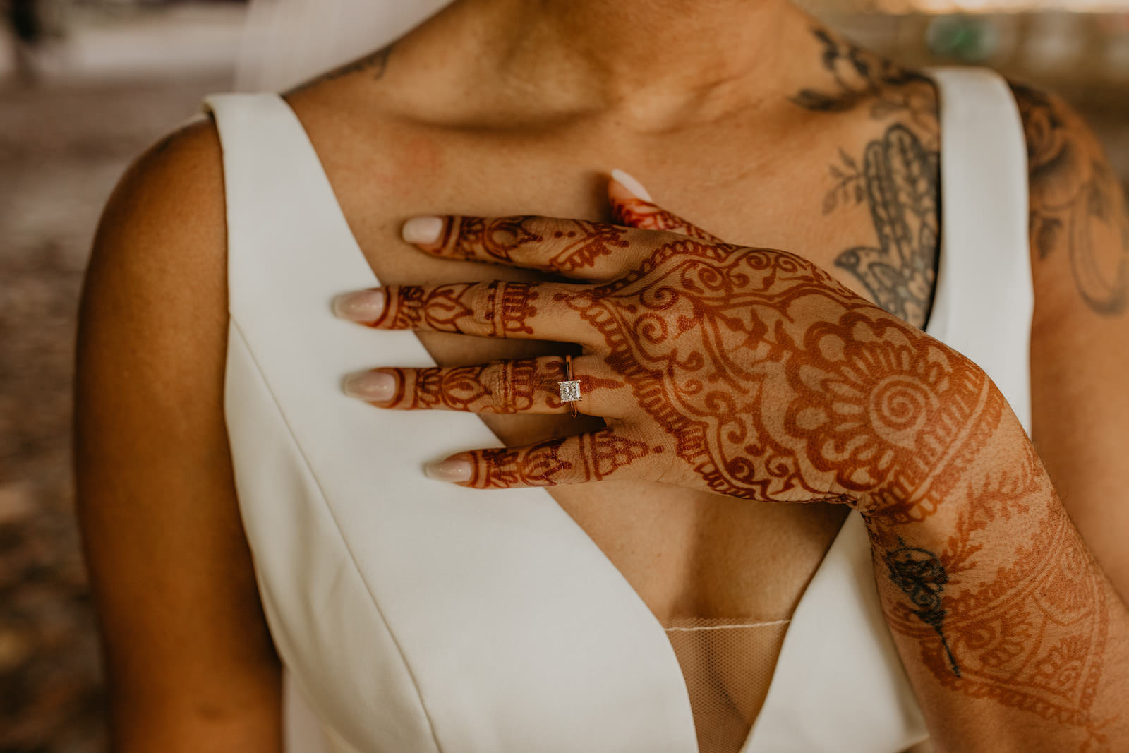 Intimate Elopement Wedding, Brides Hands with Henna Tattoo and Princess Cut Diamond Engagement Ring | Tampa Bay Wedding Planner Elope Tampa Bay