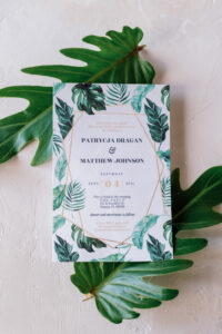 White and Green Modern Minimalist Tropical Palm Leaves and Geometric Gold Shape Wedding Invitation