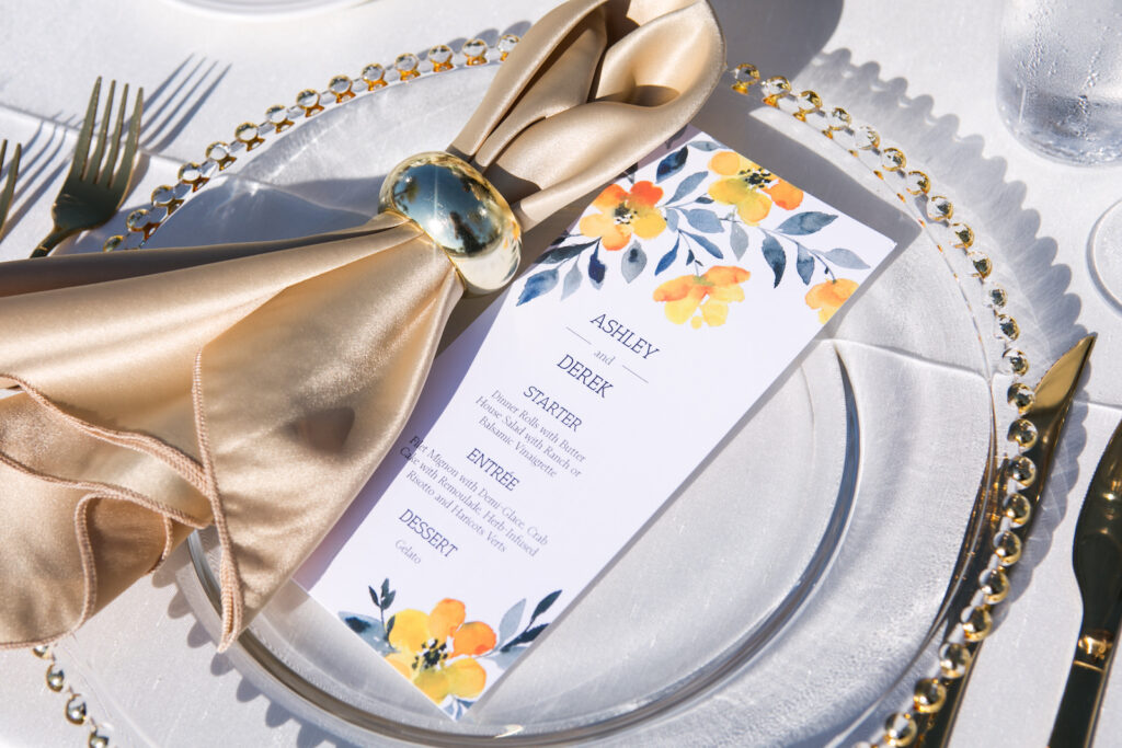 Champagne Napkins and Glass Wedding Charger Plates with Floral Style Food Menu