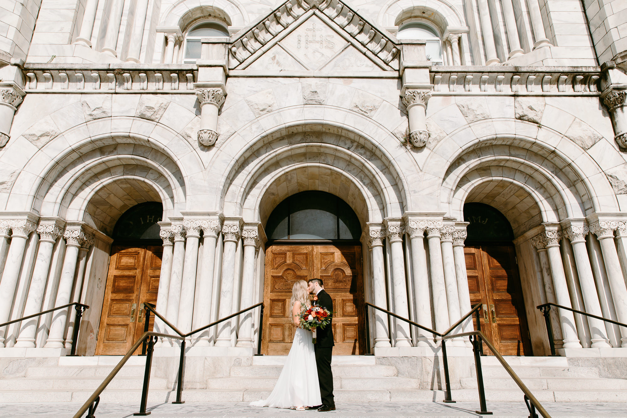 Bride and Groom Outside Tampa Bay Church Wedding Venue Sacred Heart
