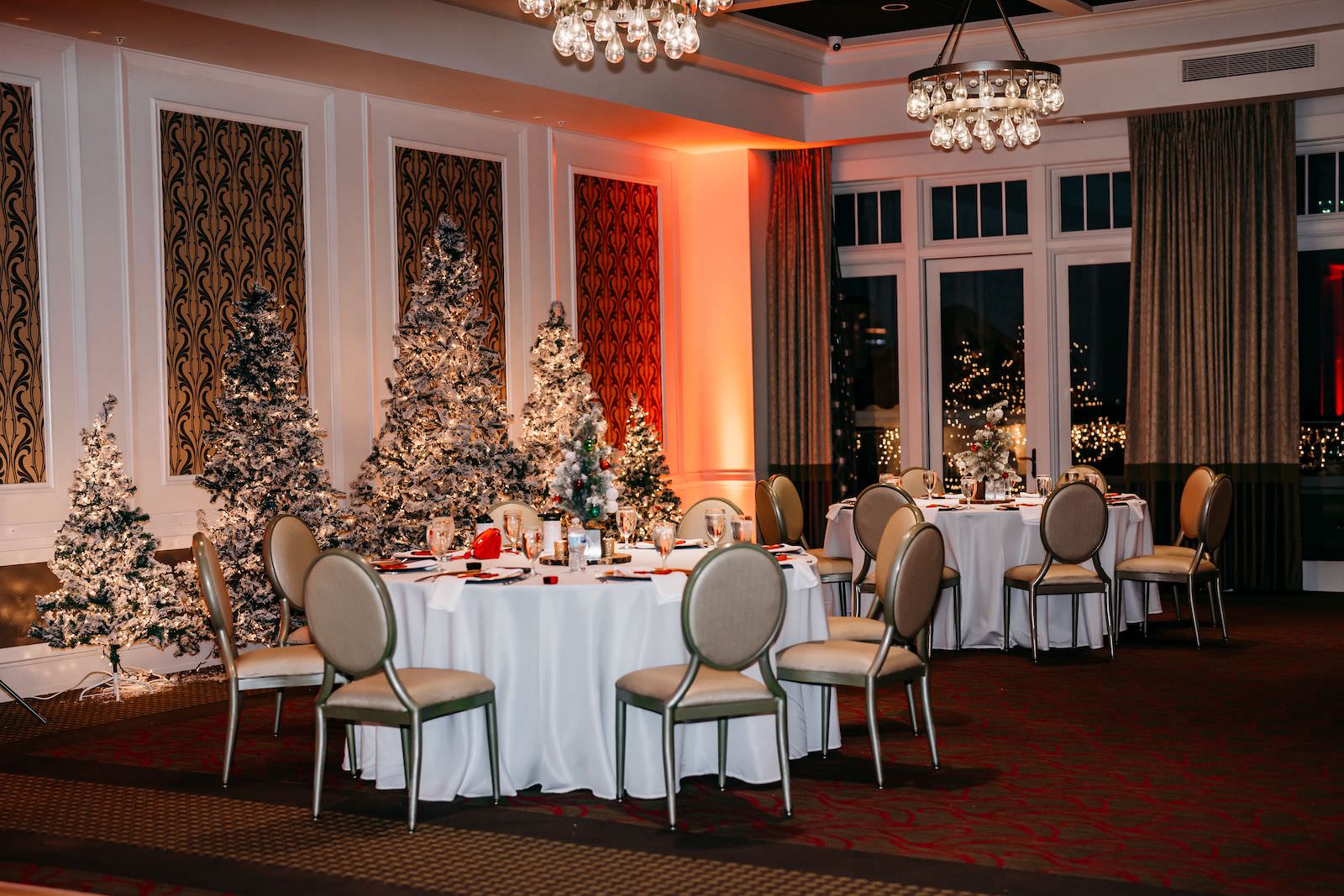 Christmas Wedding Ballroom Reception Decor, Flocked White Christmas Trees | St. Pete Wedding Venue The Birchwood