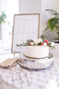 One Tier White Wedding Cake with White and Hot Pink Floral Detail | Carrie Wildes Photography