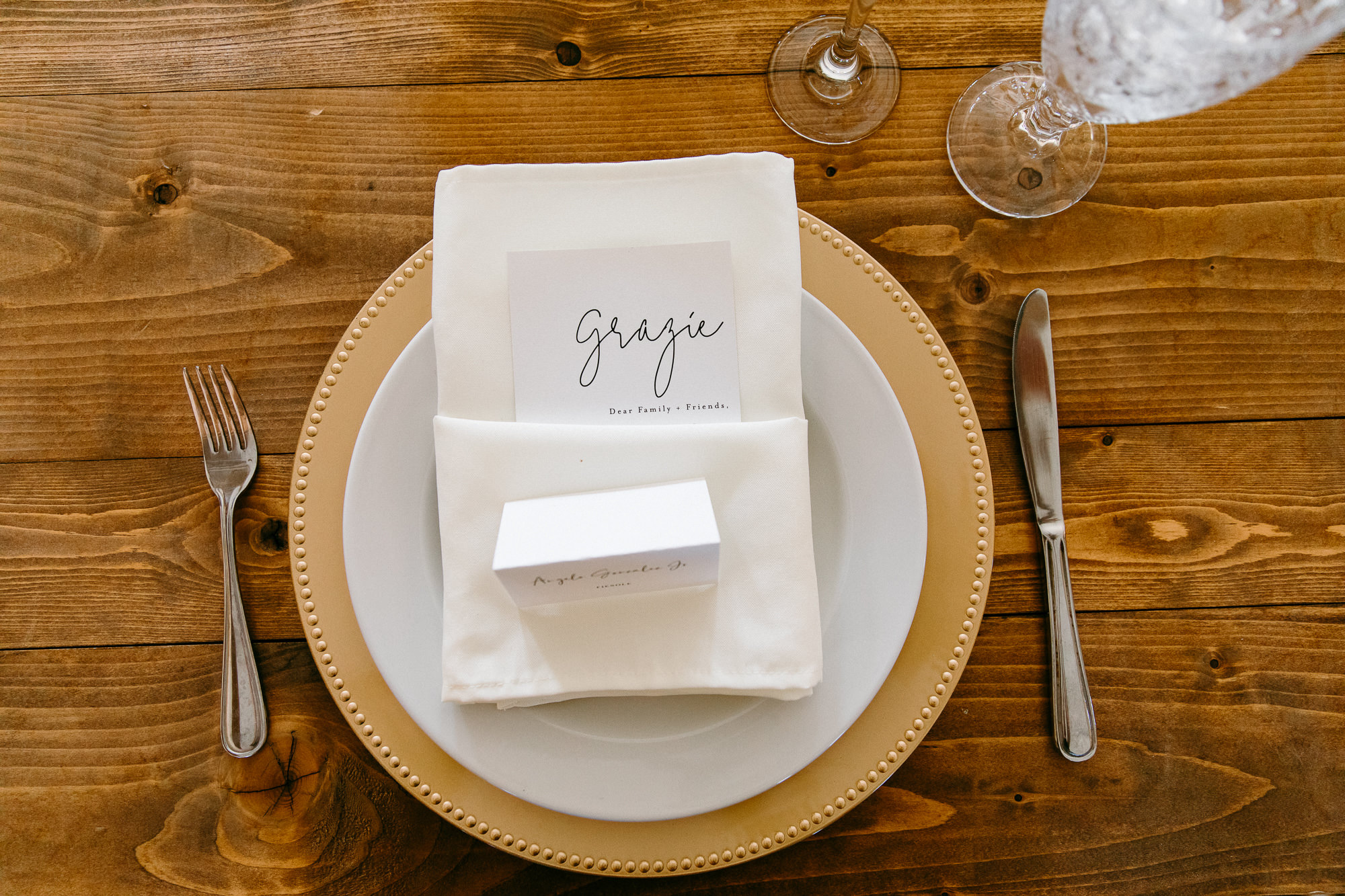 Rustic Elegant Wedding Reception Decor, Gold Charger, White and Black Card Stock Menu "Grazie" | Tampa Bay Wedding Rentals Outside the Box Rentals
