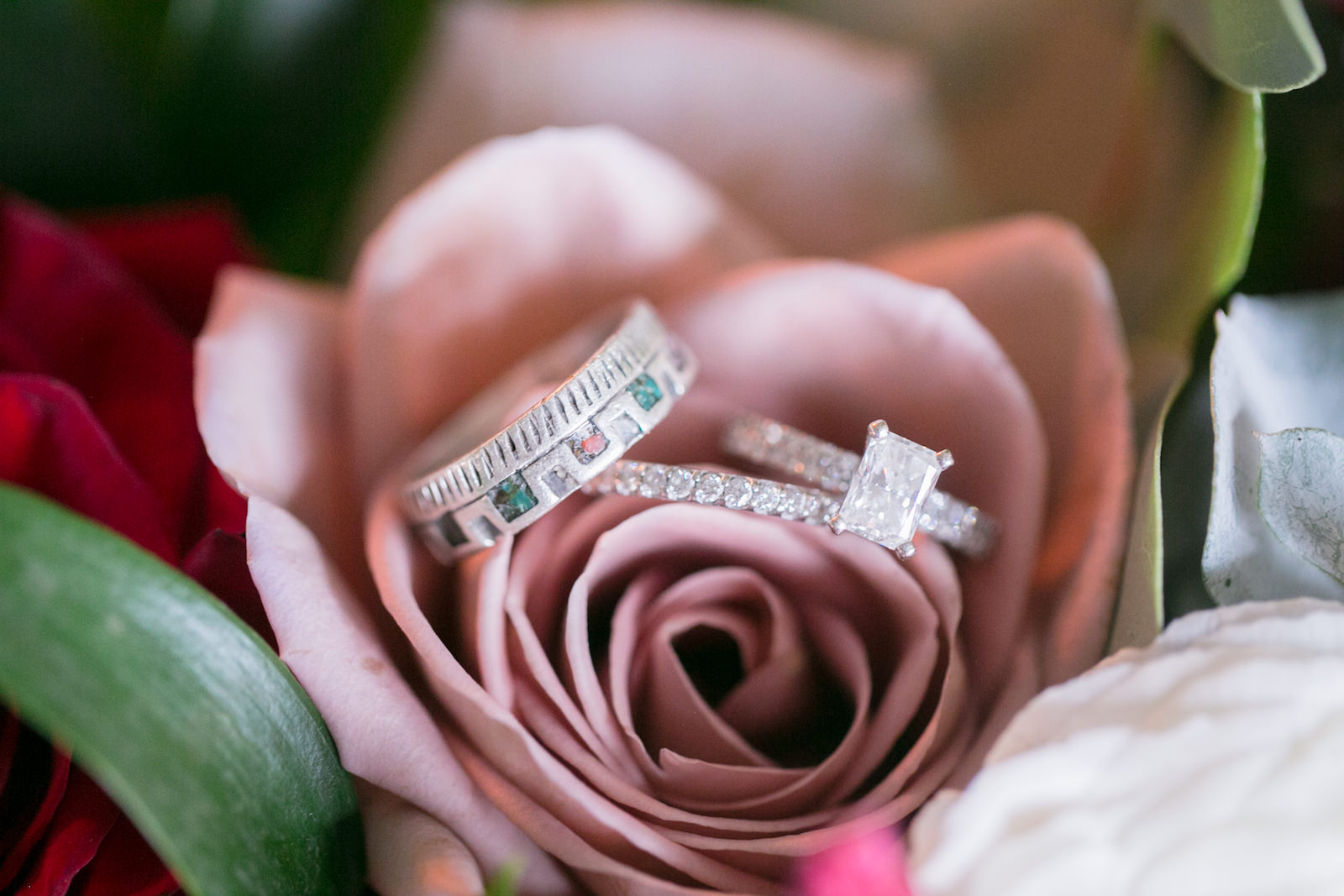 Emerald Cut Wedding Engagement Ring and Diamond Bridal Wedding Band, Groom Emerald Green and Red Ruby Wedding Band | Tampa Bay Wedding Photographer Carrie Wildes Photography