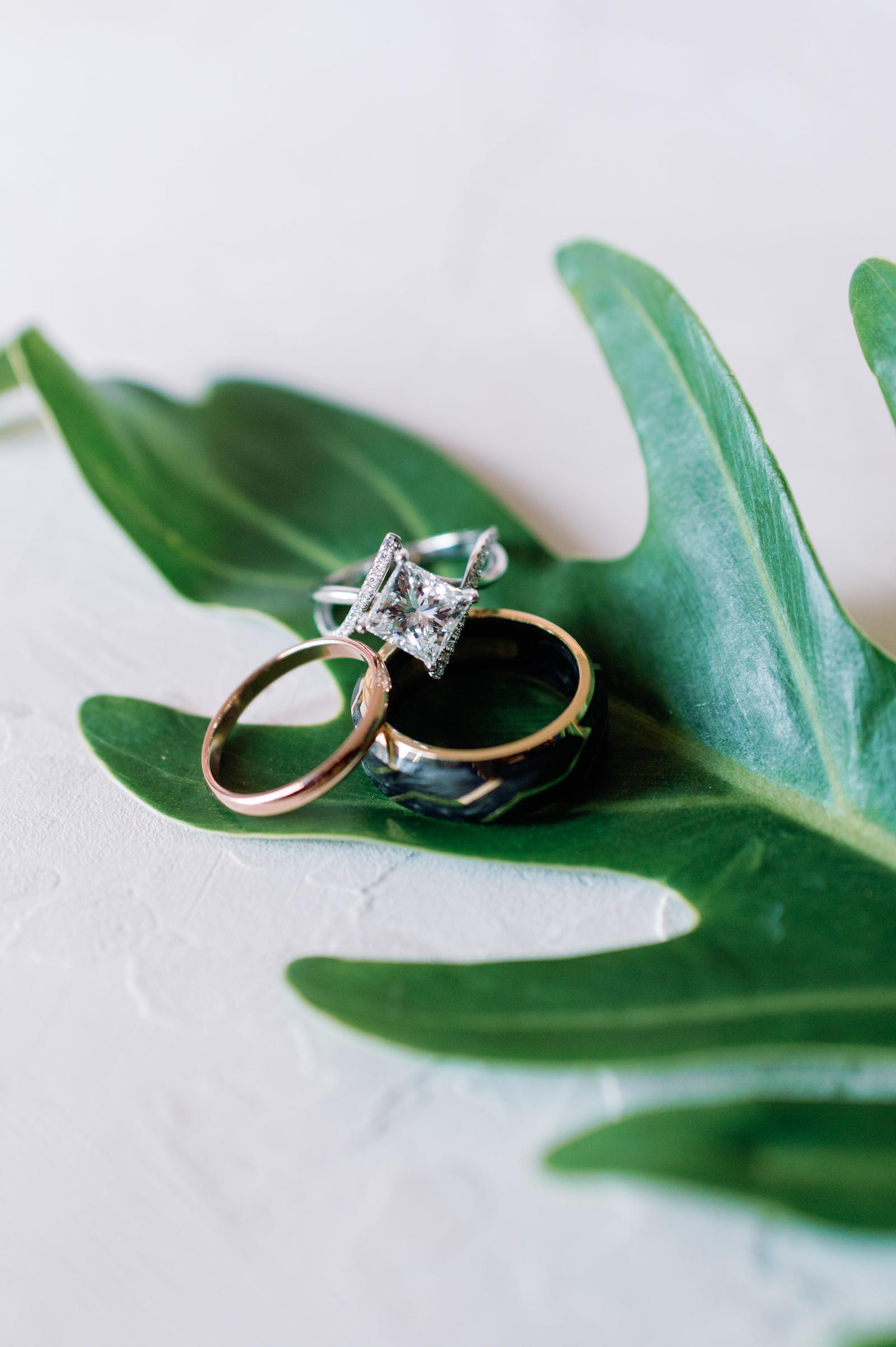 White and Green Modern Minimalist Tropical Wedding, Princess Cut Diamond Engagement, Rose Gold Wedding Band, Black Wedding Ring for Groom