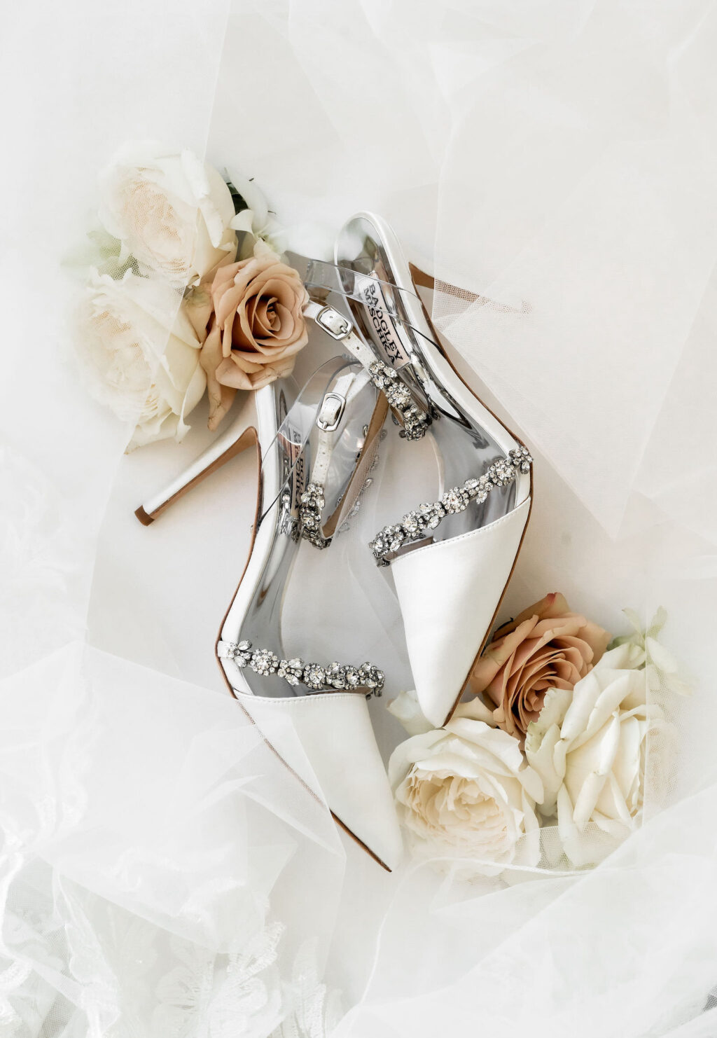 White Pointed Toe and Clear Acrylic Strap with Crystal Rhinestone Beading Bride Badgley Mischka Wedding Shoes