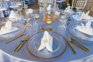 Dusty Rose and Mauve Wedding Reception Decor, Powder Blue Table Linen, Gold Flatware, Gold Rimmed Charger | Tampa Bay Wedding Photographer Carrie Wildes Photography | Wedding Linen Rentals Over the Top Rental Linens | Wedding Planner Perfecting the Plan