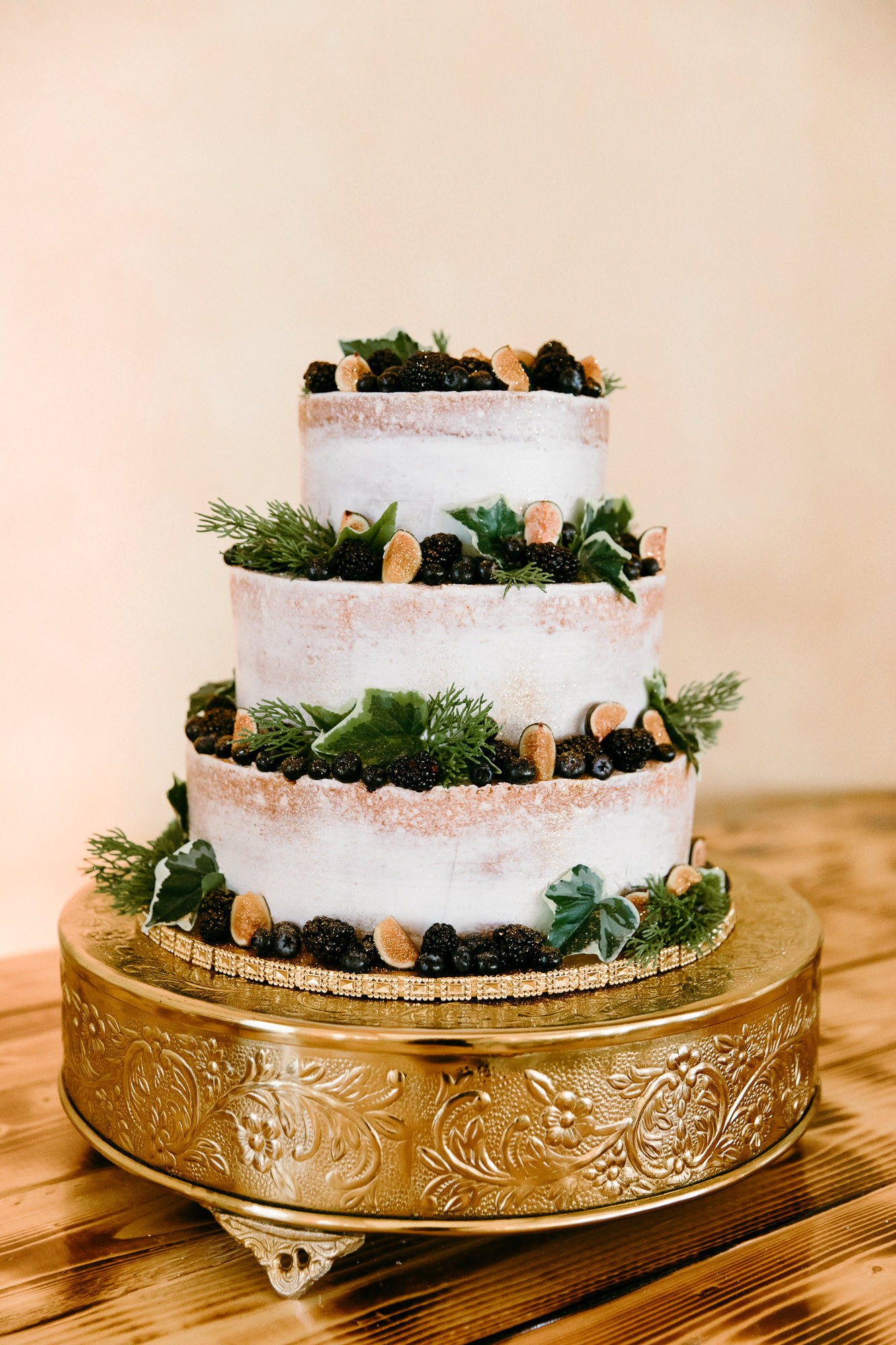 Rustic Elegant Italian Wedding Reception, Three Tier Semi Naked Wedding Cake Decorated with Greenery and Figs