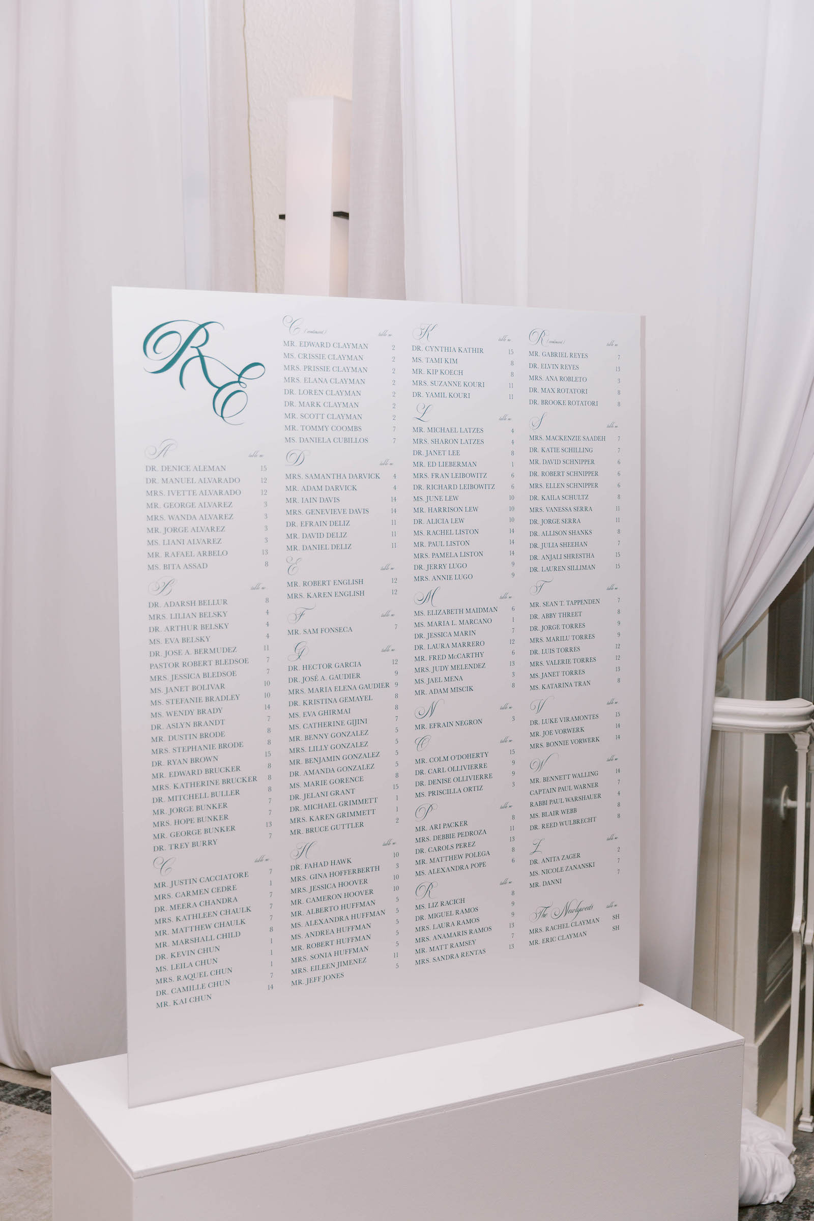 Large White and Teal Wedding Seating Chart
