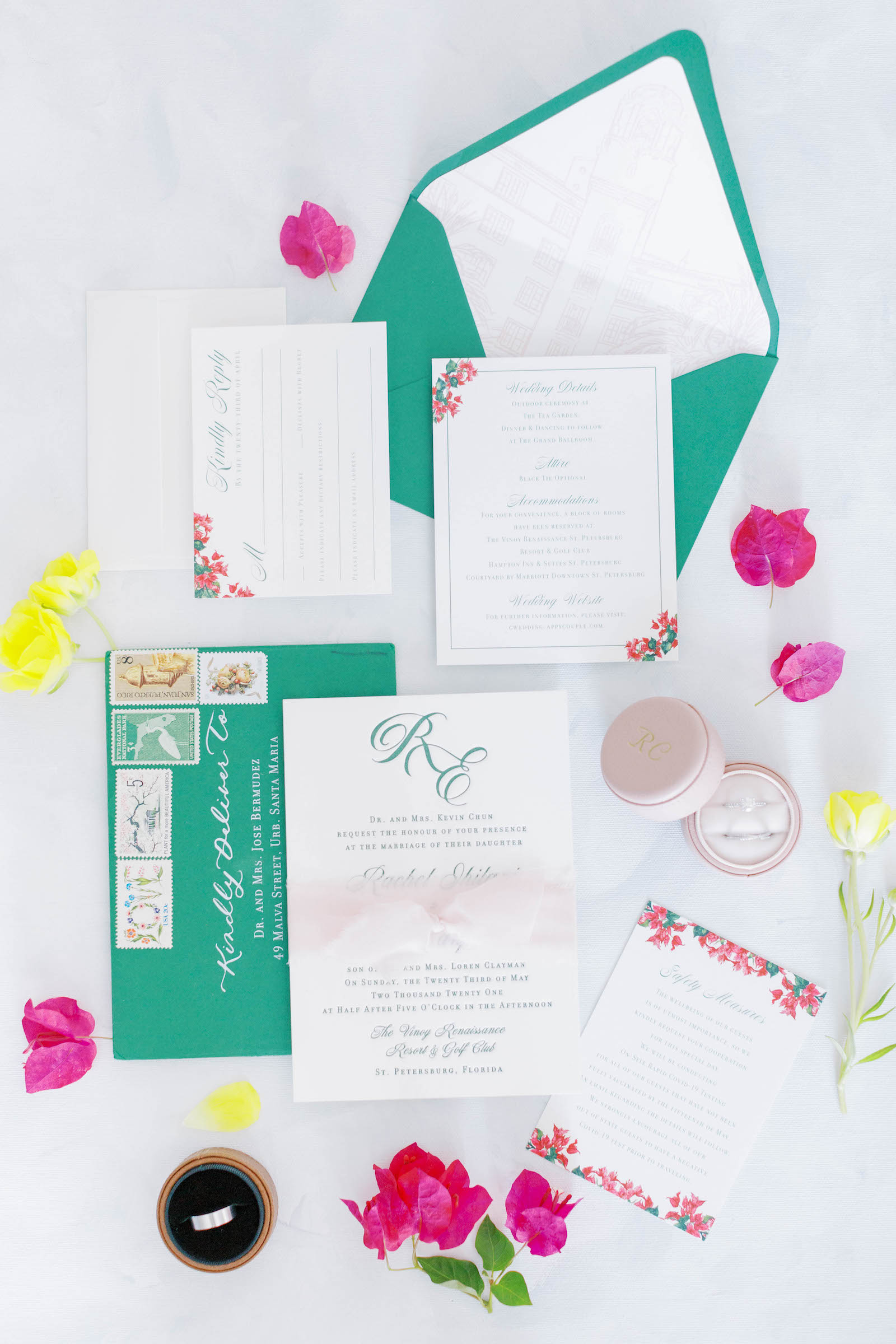 Colorful Teal and Pink Spring Floral Wedding Invitations