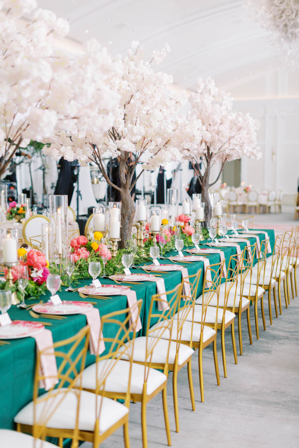 Floral Filled Wedding Reception with Teal Linens and Modern White and Gold Chairs | Cherry Blossom Tree Centerpieces | St. Petersburg Wedding Reception the Vinoy Renaissance | Planner Parties a la Carte