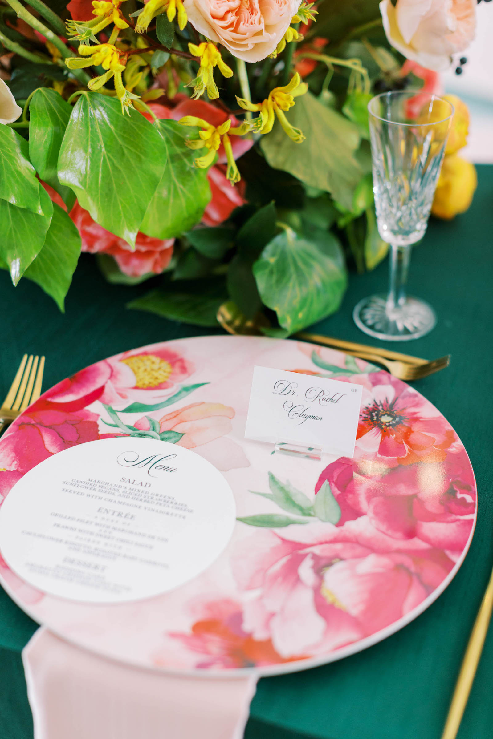 Floral and Teal Tablescape with Reception Menu | St. Petersburg Wedding Planner Parties a la Carte