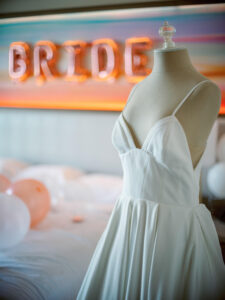 White and Green Modern Minimalist Tropical Wedding, Chic Spaghetti Strap Deep V Neckline A-Line Wedding Dress