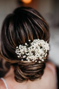 Bride Updo with Babys Breath Flower Piece | Tampa Bay Wedding Hair and Makeup Adore Bridal