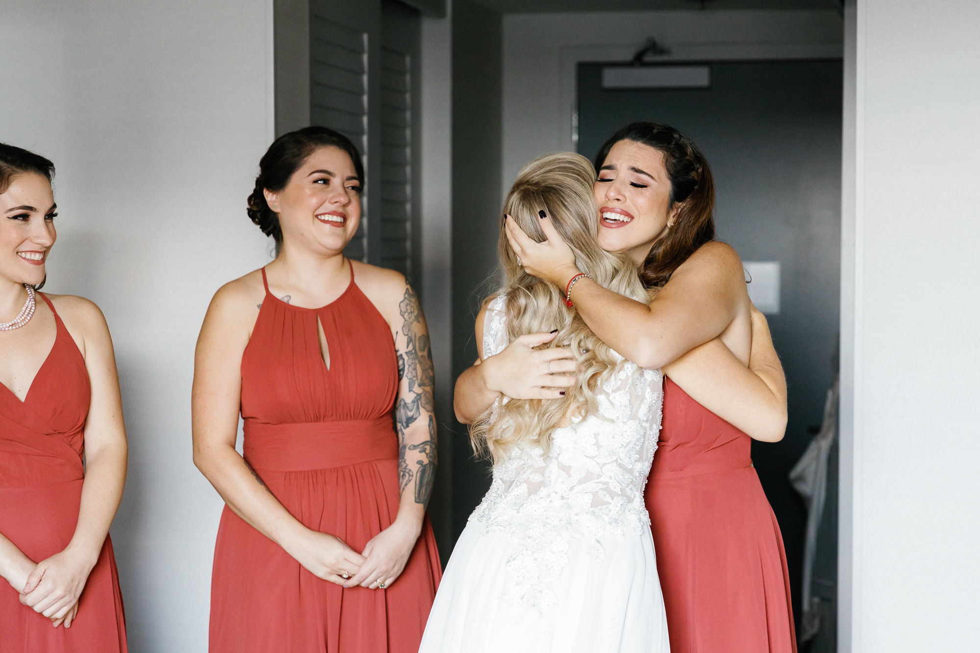 Bride First Look with Bridesmaids Wearing Mix and Match Terracotta Dresses