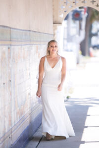 Bride in Halter Neckline Satin Classic Wedding Dress | Carrie Wildes Photography