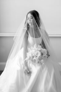 Elegant Classic Bridal Portrait, Veil Over Brides Face Holding Floral Bouquet