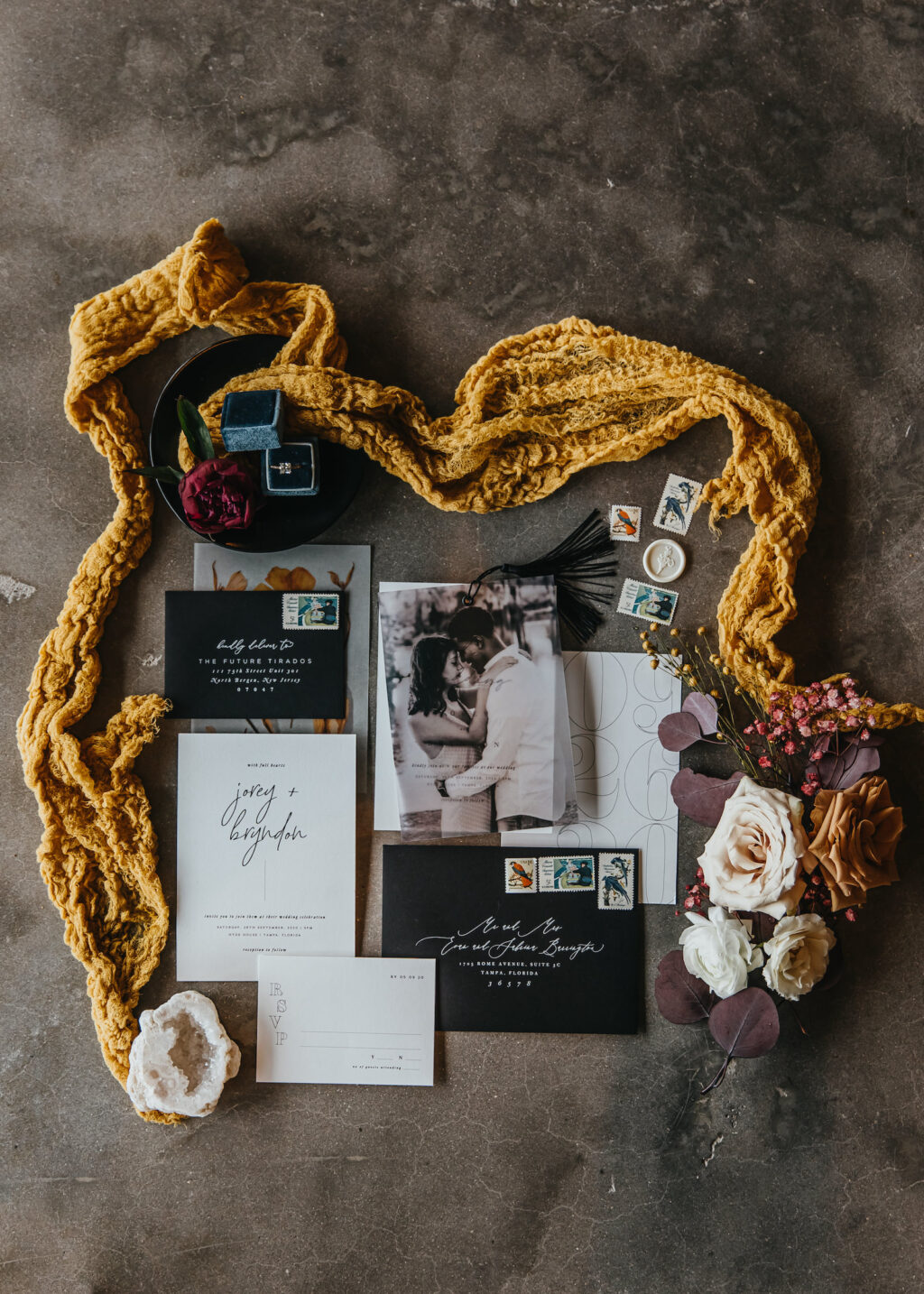 Modern and Edgy Fall Wedding, Black and White Wedding Invitation Suite, White Roses, Mustard Yellow Cheesecloth Linen