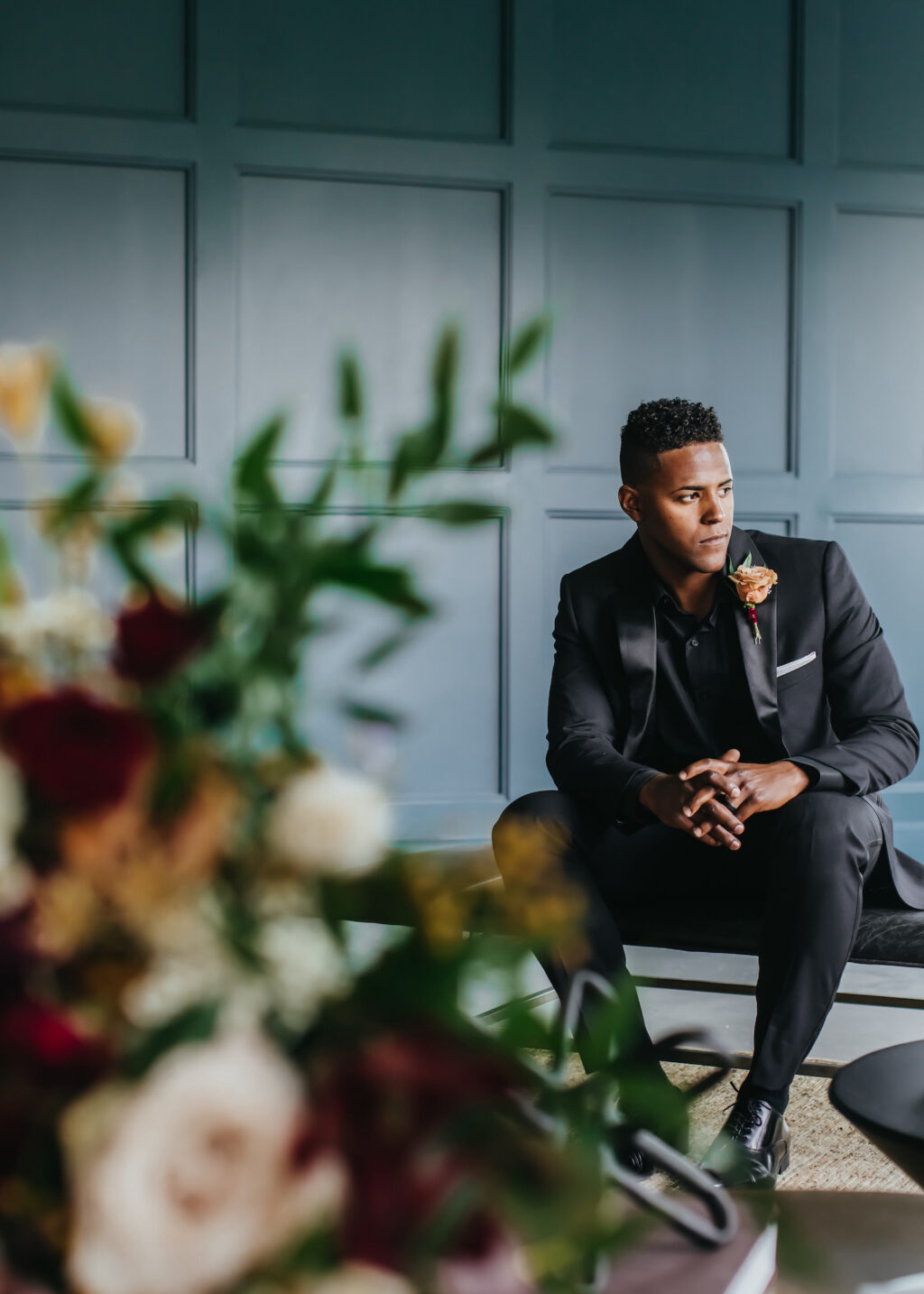Modern and Edgy Fall Wedding, Tampa Groom Wearing All Black Tuxedo and Peach Rose Boutonniere | Tampa Bay Wedding Venue Hyde House