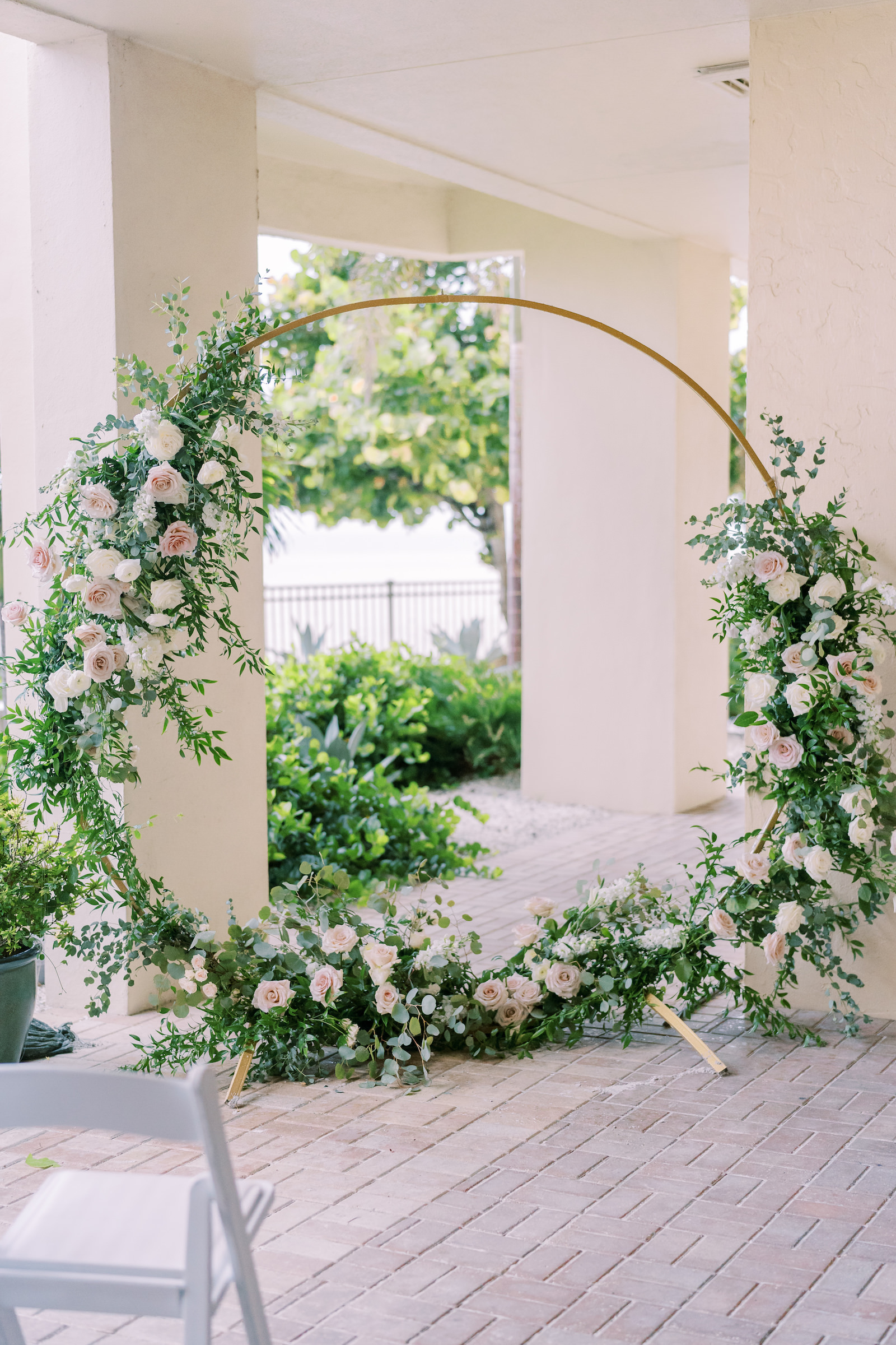Circle Gold Arch with Blush Rose, White Ranunculus, and Greenery | MDP Event Planning Florida Wedding Planner
