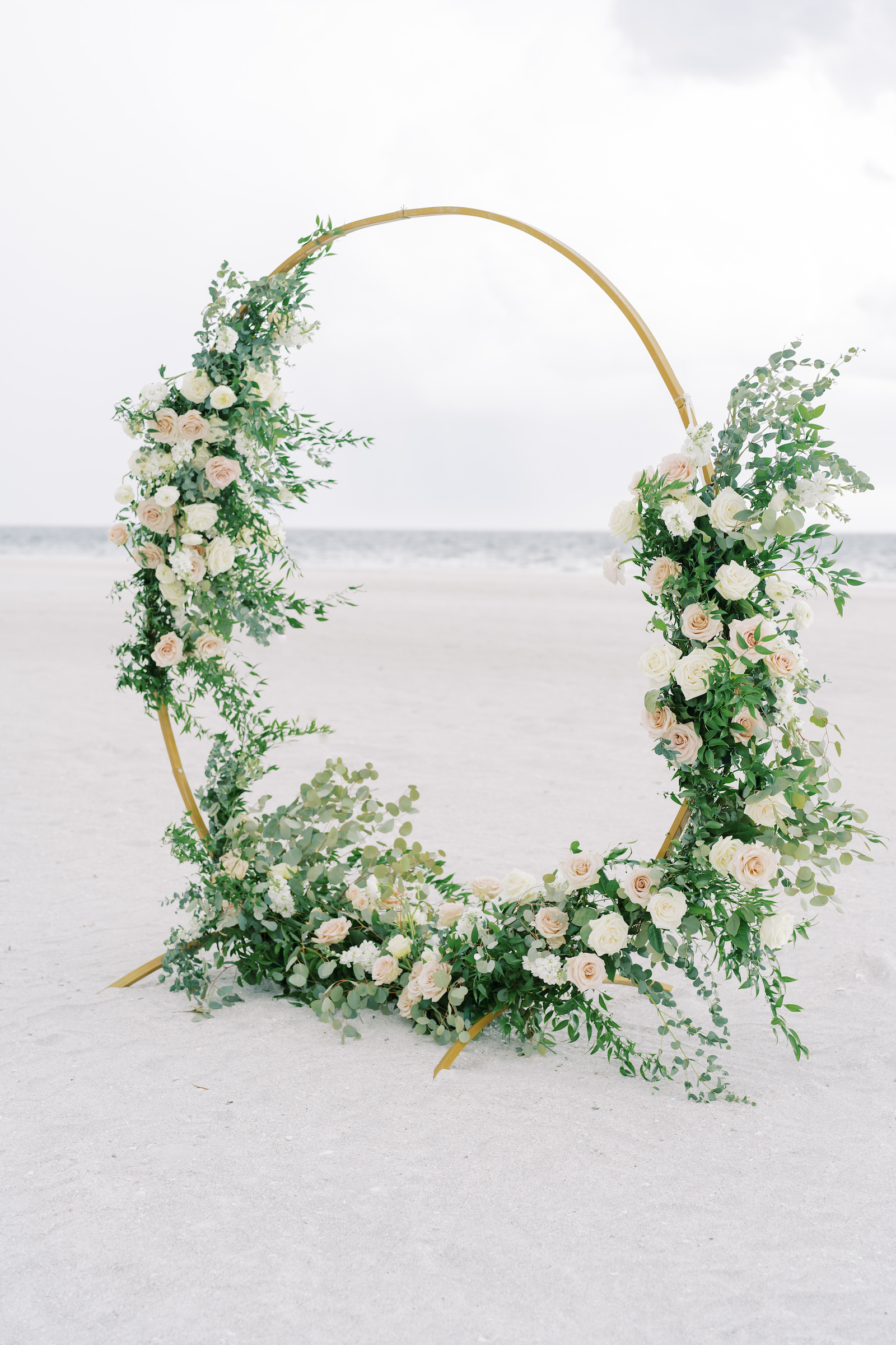 Circle Gold Arch with Blush Rose, White Ranunculus, and Greenery | MDP Event Planning Florida Wedding Planner