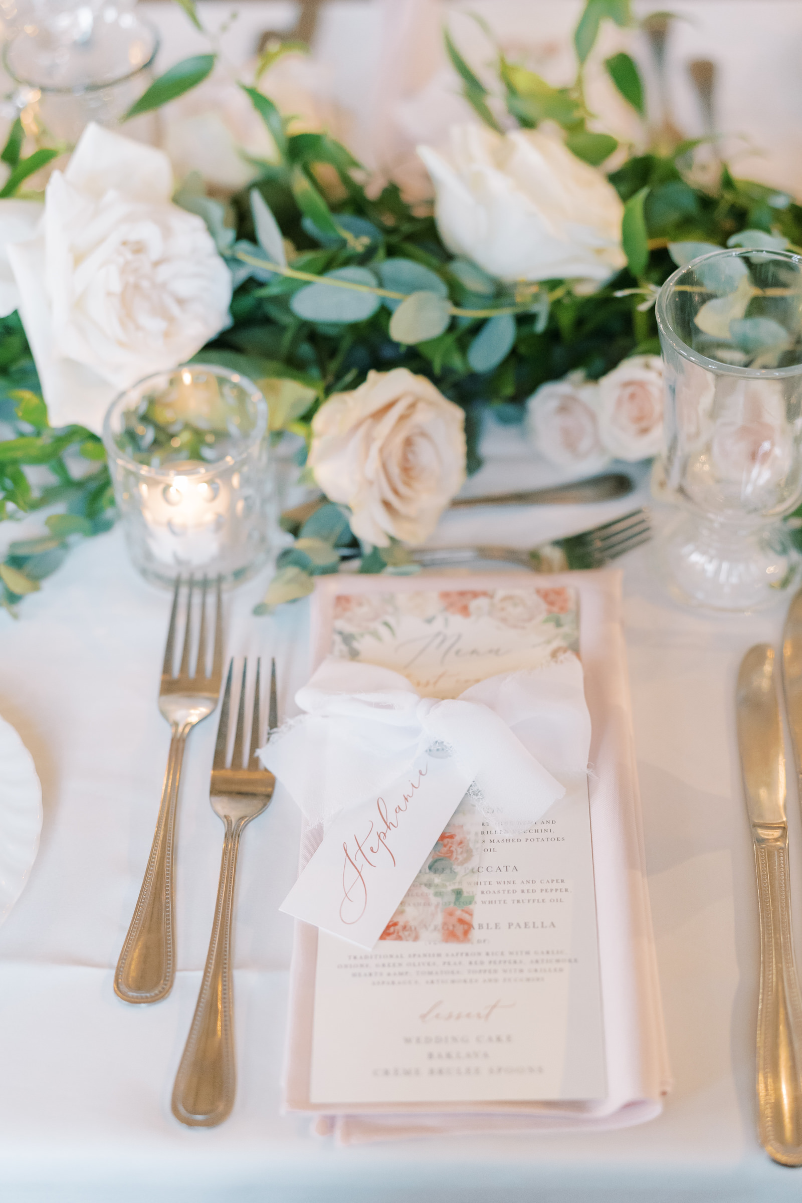 Floral Elegant Wedding Menu Classic Wedding Place Setting with Roses and Greenery | MDP Event Planning