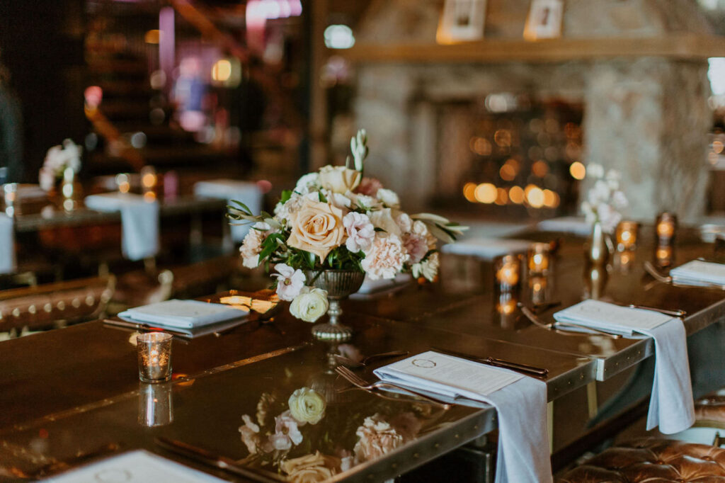 Tablescape with Peach Roses and Greenery Centerpieces | Urban Stillhouse St. Petersburg Wedding Reception
